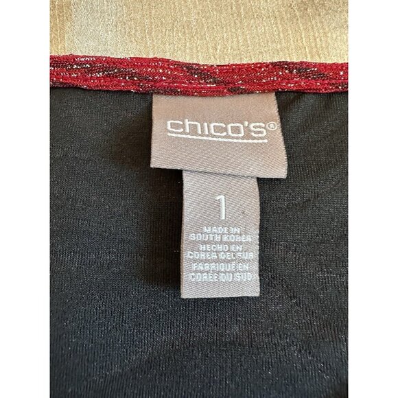 CHICO'S Womens Sz 1 Pull Over Sweater Red Glitter 3/4 Sleeve Leaf Floral Pattern - Picture 4 of 11